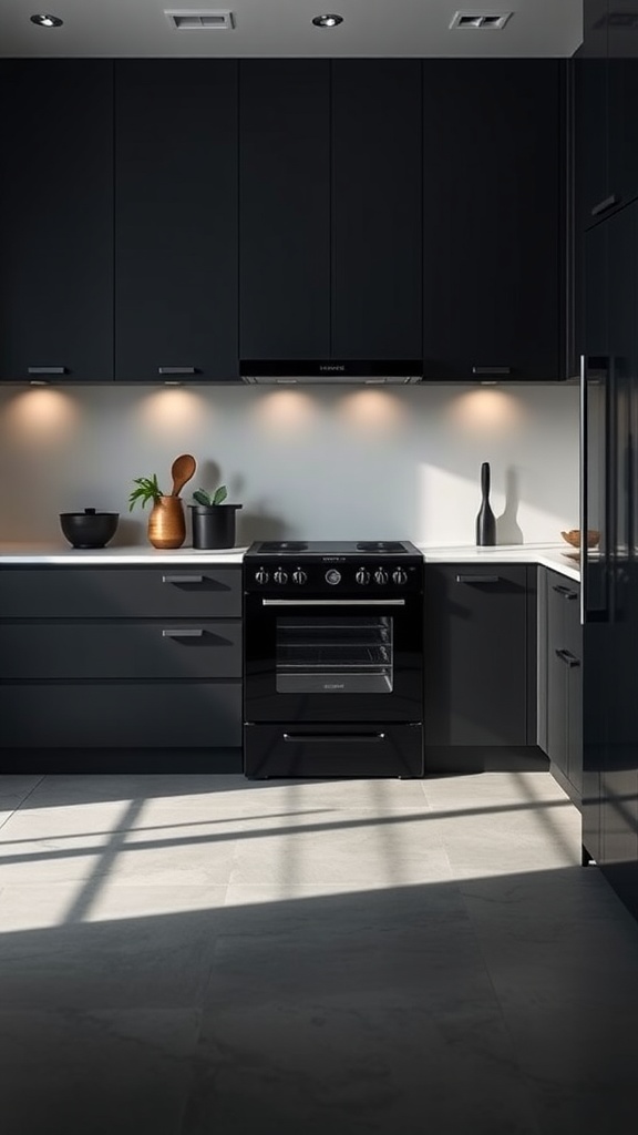 A modern kitchen featuring a sophisticated matte black finish with sleek cabinets and a black stove.