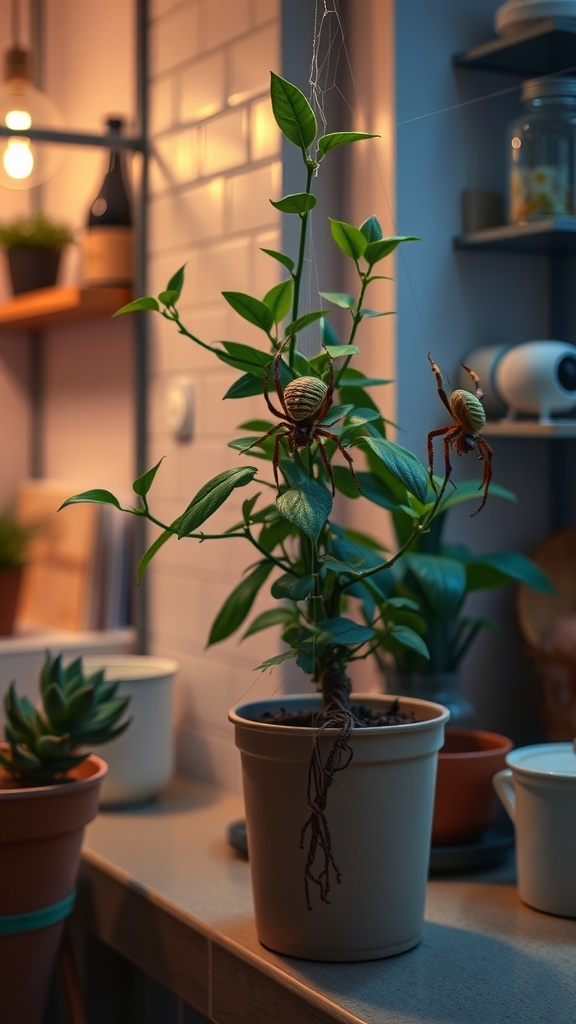 A spider plant in a cozy indoor setting with soft lighting