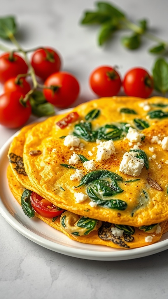 Spinach and Feta Omelette with cherry tomatoes and herbs