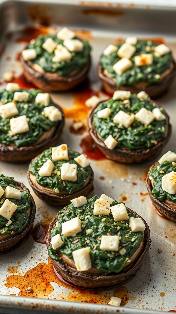 Spinach and feta stuffed portobello mushrooms on a baking sheet.