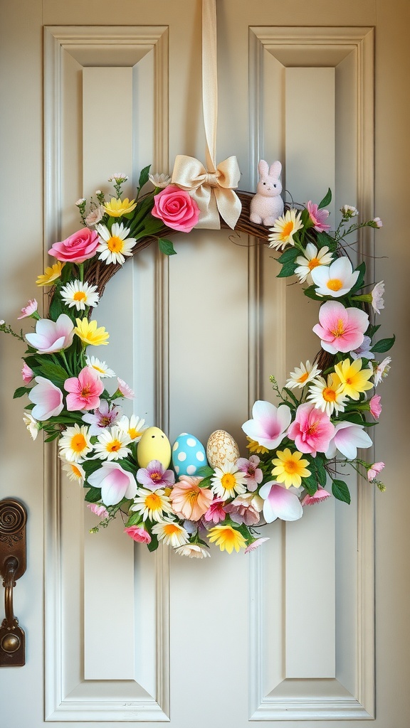 A colorful spring-themed wreath decorated with flowers, Easter eggs, and a bunny, hanging on a door.