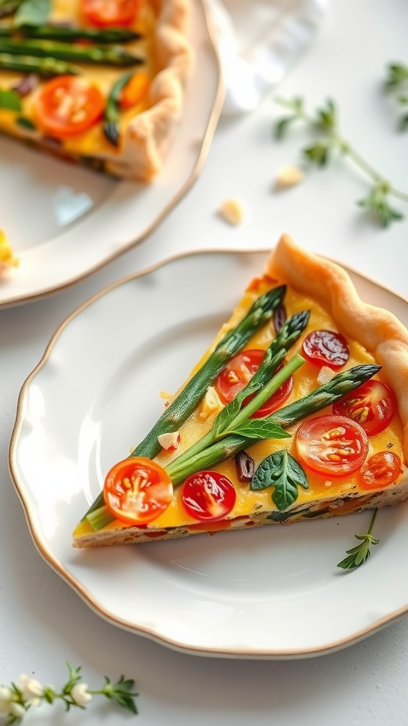 7 Delicious Easter Recipes You’Ll Want To Make 5 A slice of spring vegetable quiche with asparagus and cherry tomatoes on a plate