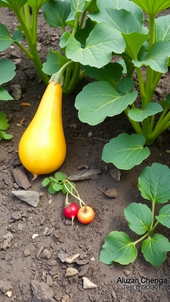 A yellow squash and red and orange radishes growing together in a garden.