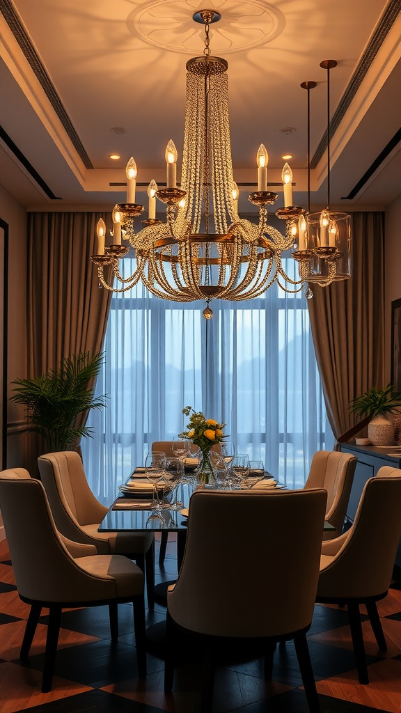 An elegant dining area featuring a stunning chandelier as a statement lighting fixture.