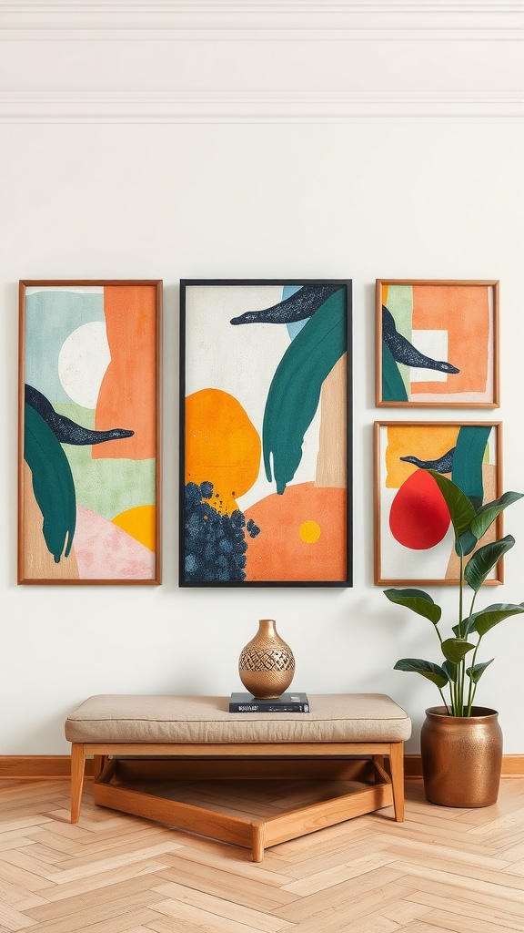Colorful wall art featuring abstract shapes and leaves arranged above a bench with decorative elements.