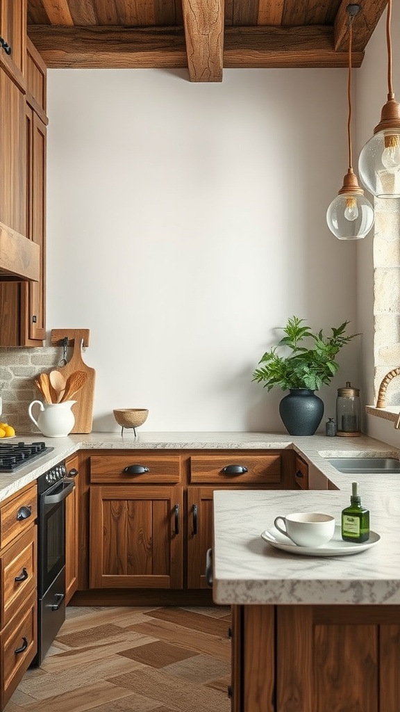 A cozy kitchen featuring wooden cabinets, stone accents, and a marbled countertop with plants and kitchen tools.