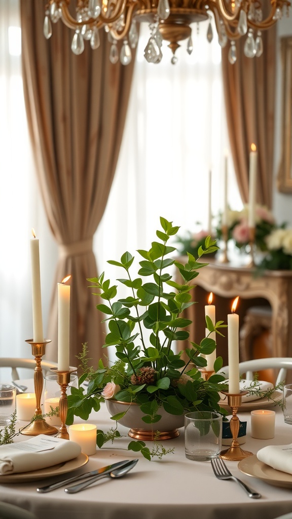 A stylish dining table with a jade plant centerpiece, surrounded by candles and elegant decor.