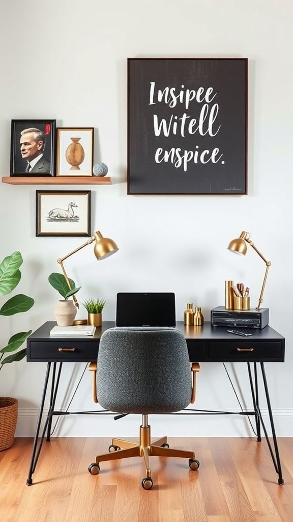 A modern home office setup featuring a black desk, grey chair, decorative shelves, and motivational wall art.