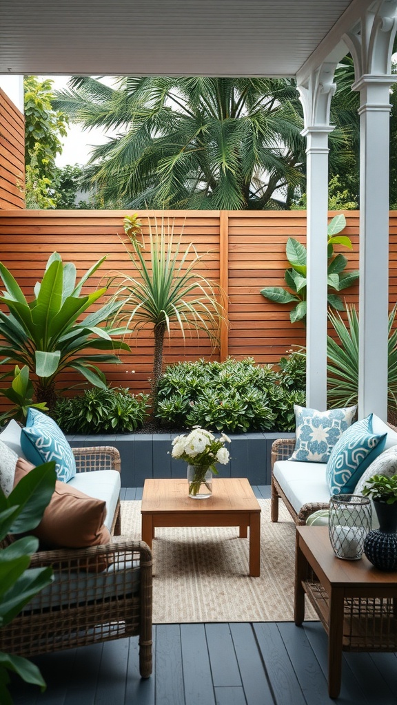 Cozy outdoor seating area with light-colored couches, colorful cushions, and lush greenery.