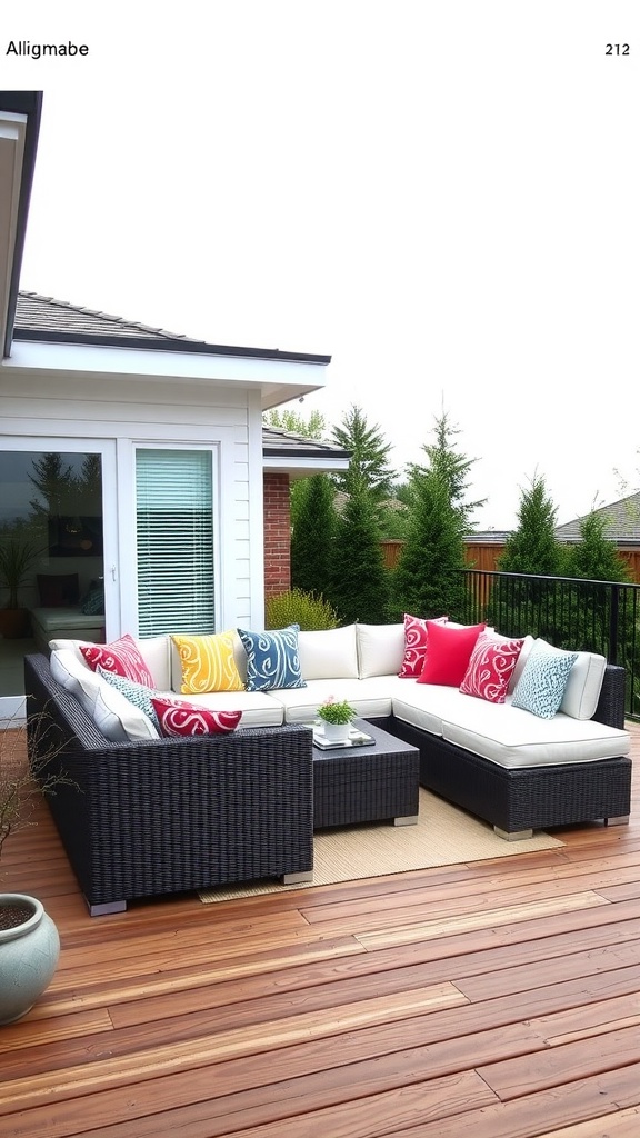 A stylish outdoor sectional sofa with colorful cushions on a wooden deck