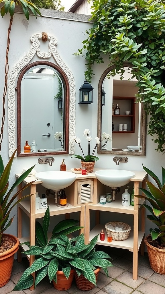 Stylish outdoor vanity with two sinks framed by lush greenery and decorative mirrors.