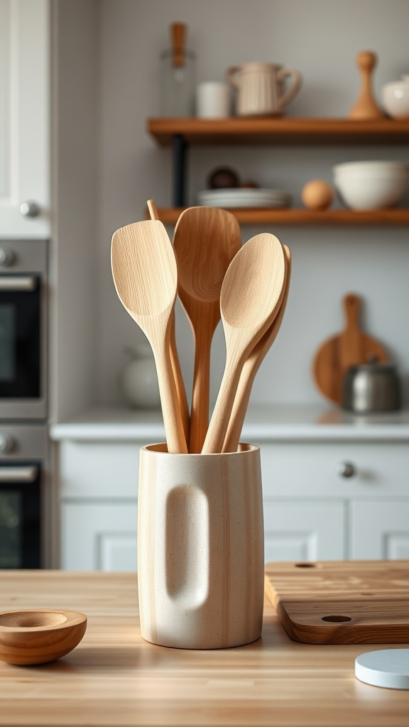 A stylish utensil holder with wooden spoons on a kitchen counter.