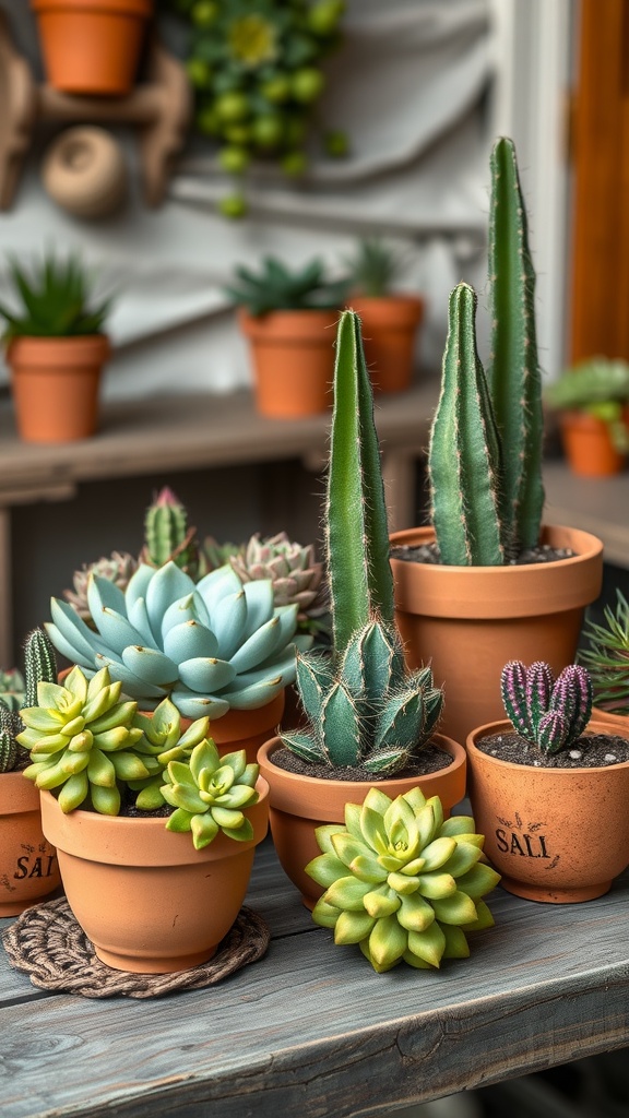 Various succulent and cactus arrangements in terracotta pots on a wooden table.