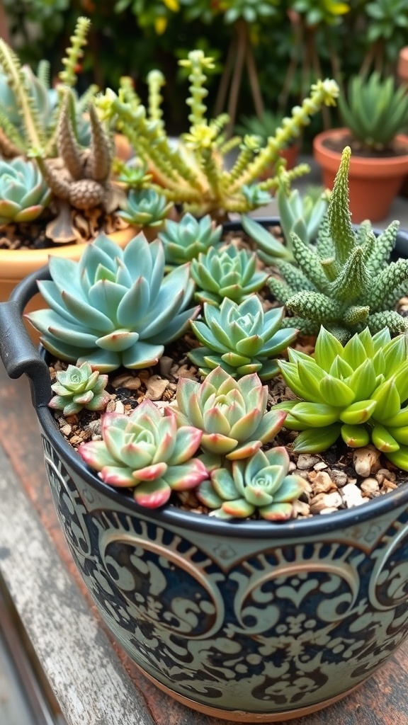 A vibrant succulent garden featuring jade plants in an ornate pot.