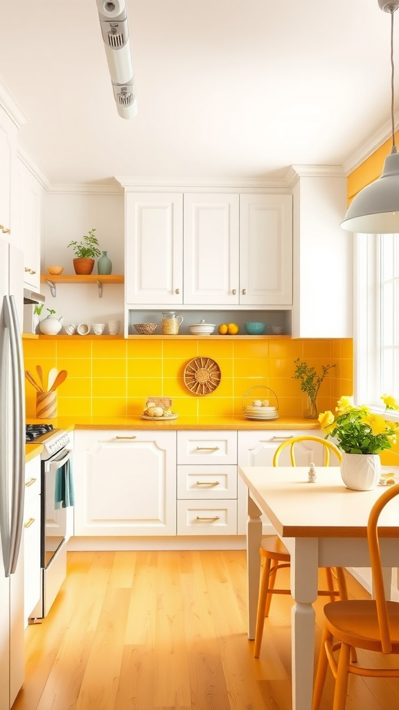 A bright kitchen featuring sunny yellow walls and white cabinets.