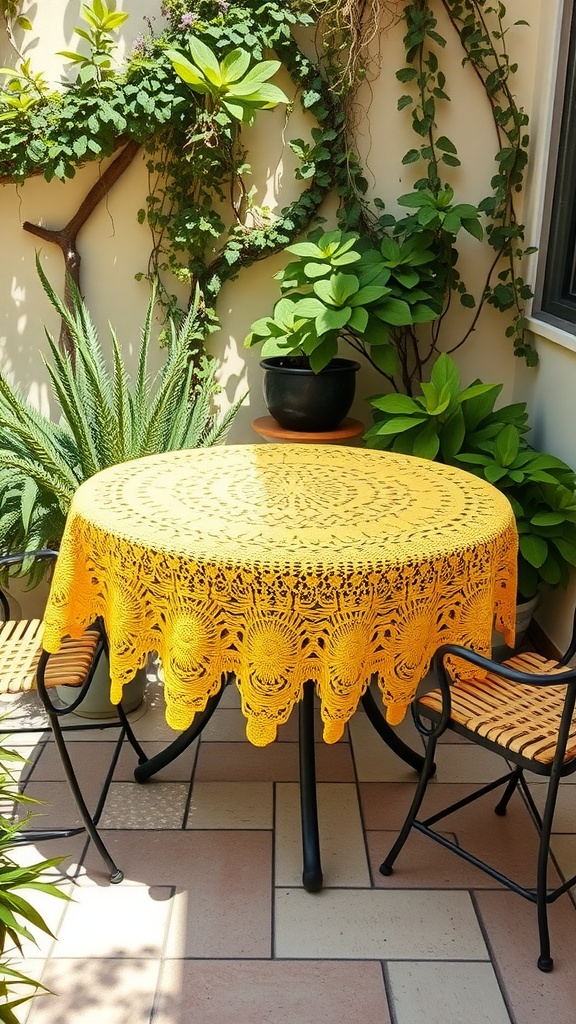 A round table with a sunshine yellow crochet tablecloth surrounded by black chairs, nestled among lush green plants.