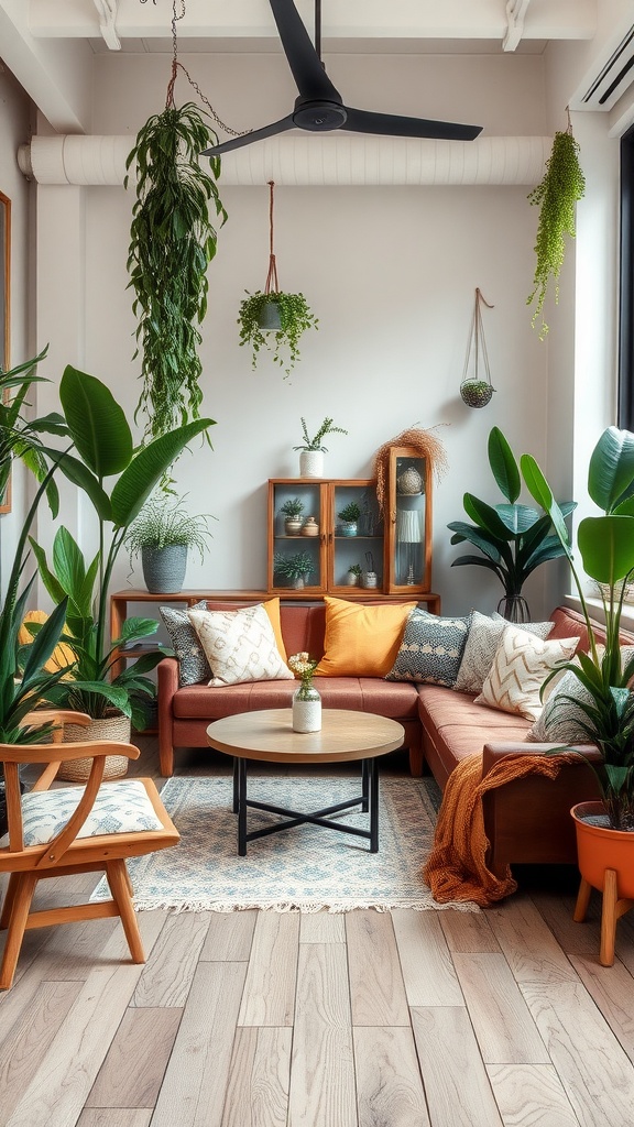 A cozy living room with plants, wooden furniture, and natural light.