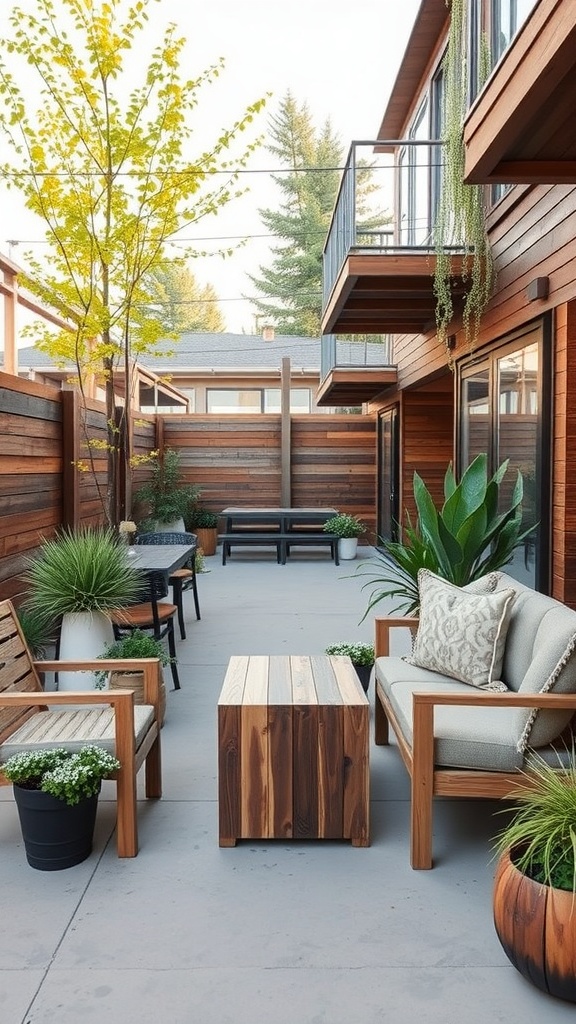 A cozy outdoor patio featuring sustainable wooden furniture and potted plants.
