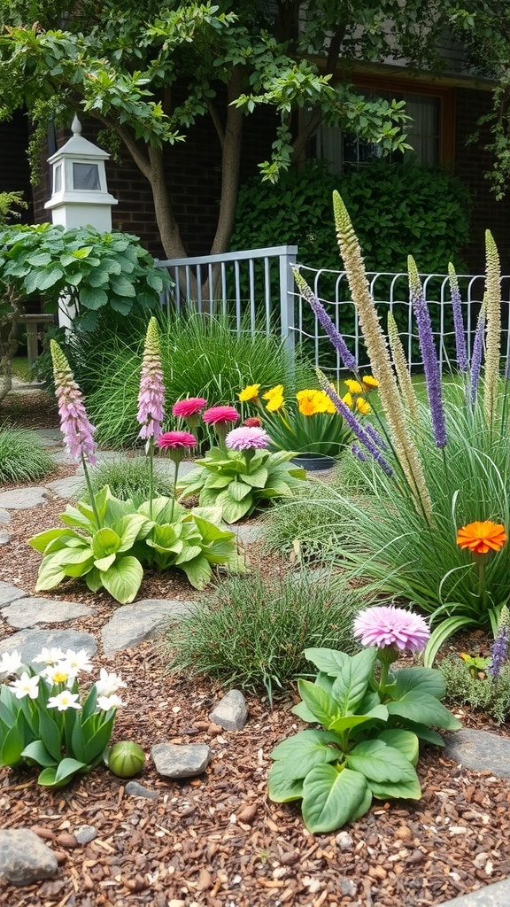 A colorful front yard with native flowers and greenery, featuring a stone path and a charming lantern.