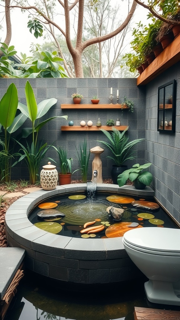 A circular water feature in an outdoor bathroom, surrounded by plants and elegant decor.