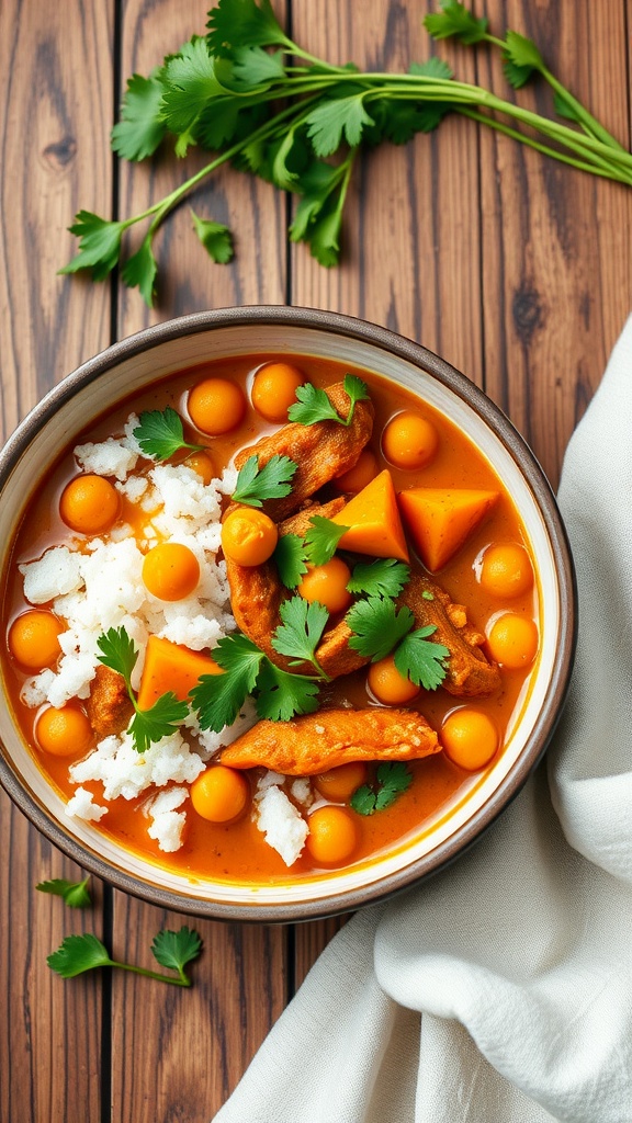 A bowl of sweet potato and chickpea curry served with rice and garnished with cilantro.