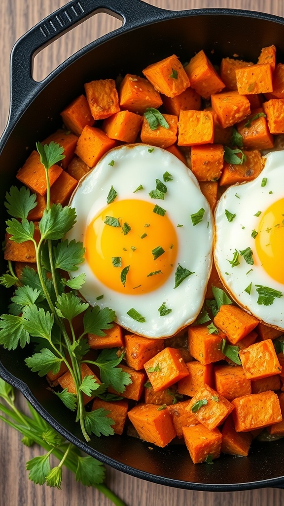 A delicious Sweet Potato Hash with eggs topped with fresh herbs in a skillet.