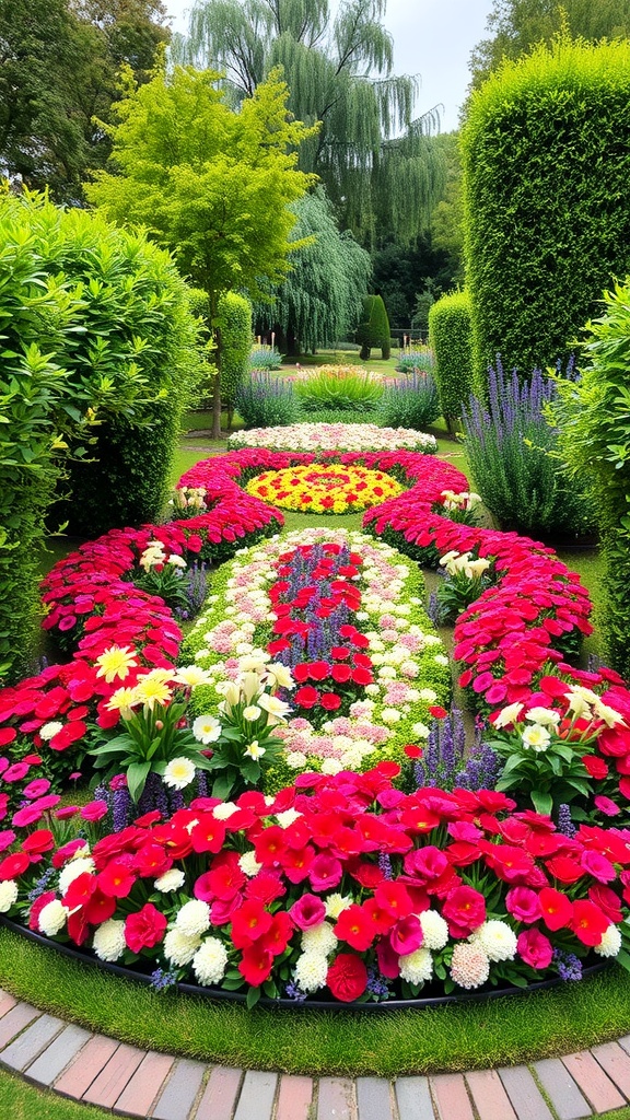 A symmetrical flower bed arrangement with vibrant flowers in reds, whites, and yellows, surrounded by neatly trimmed hedges.