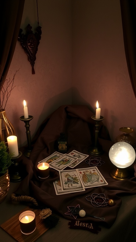 A cozy Tarot card corner featuring candles, Tarot cards, a crystal ball, and decorative elements.