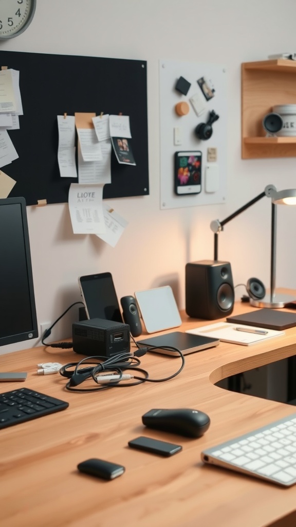 A well-organized office desk with a tidy arrangement of gadgets and cables.