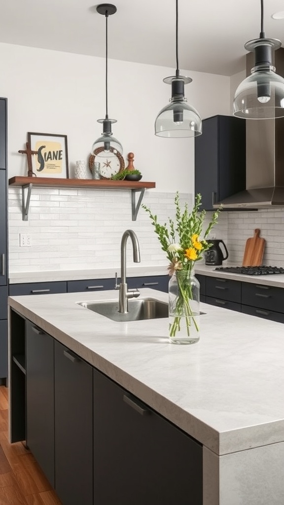 Modern kitchen with textured concrete countertop, dark cabinets, and decorative elements