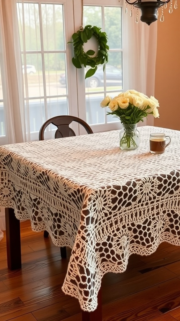 A cozy dining table set with a textured crochet tablecloth, a vase of white roses, and a cup of coffee.
