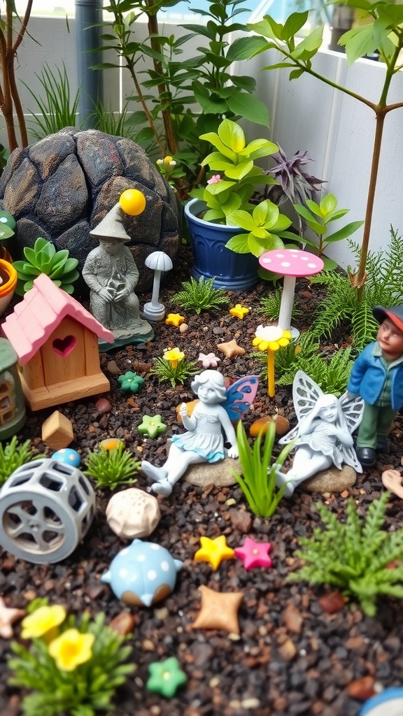 A whimsical themed garden featuring miniature fairy figurines, colorful mushrooms, and vibrant plants.