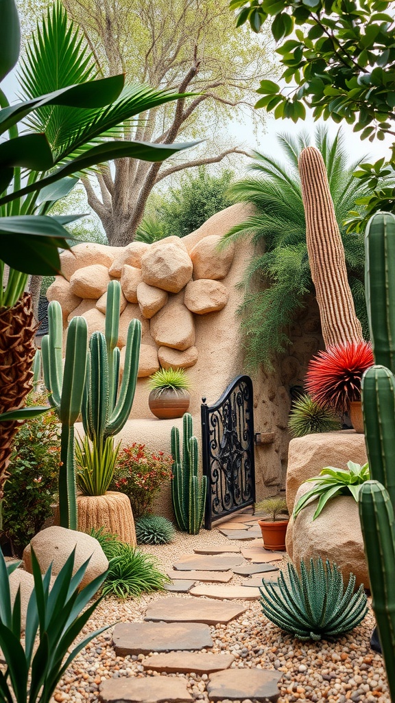 A beautifully designed garden pathway surrounded by various plants and cacti leading to an ornate gate.