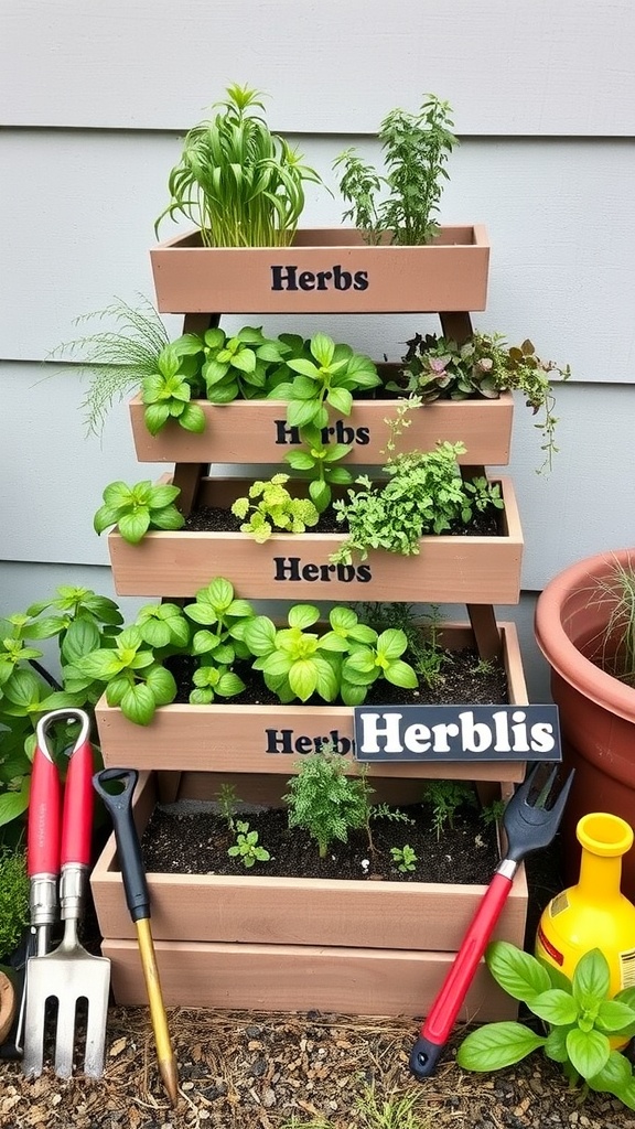 A tiered herb garden planter showcasing multiple levels filled with different herbs, surrounded by gardening tools.