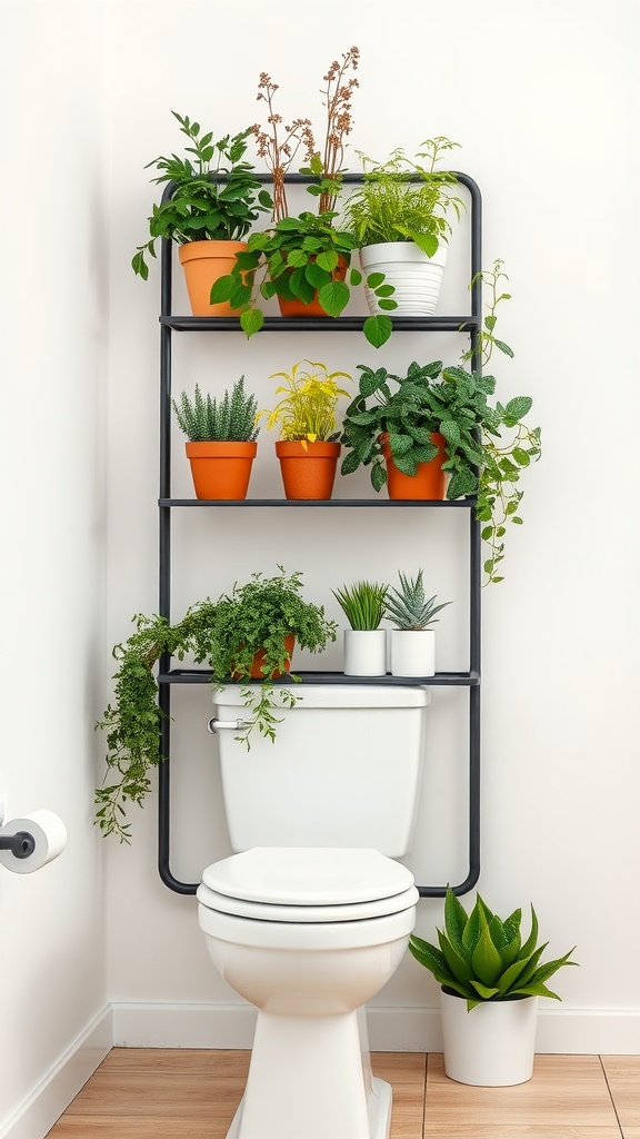 A tiered plant stand with various potted plants positioned above a toilet in a modern bathroom.