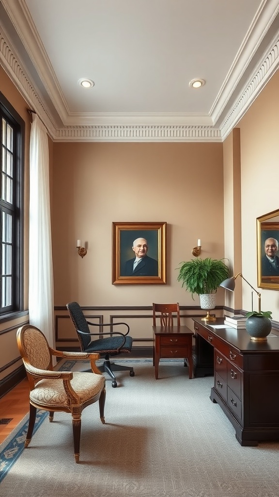 A cozy office space featuring beige and dark brown two-toned walls with a chair rail.