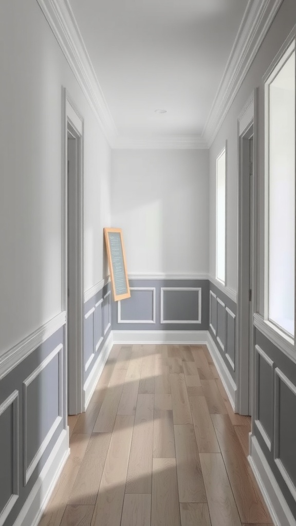 A hallway with gray and white two-toned walls, featuring a chair rail and wooden flooring.