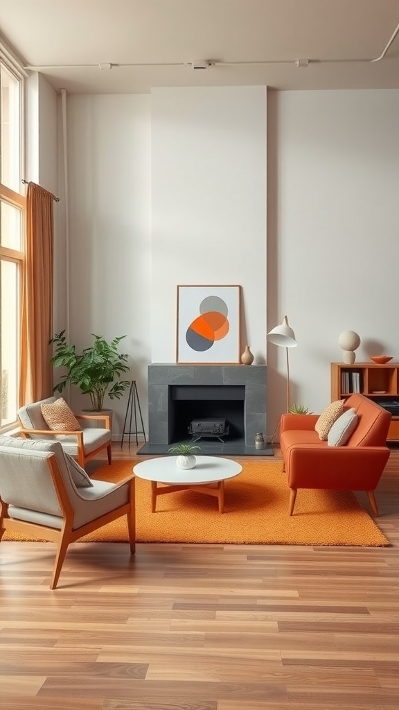 A cozy mid-century modern living room featuring warm orange tones, a fireplace, and clean-lined furniture.