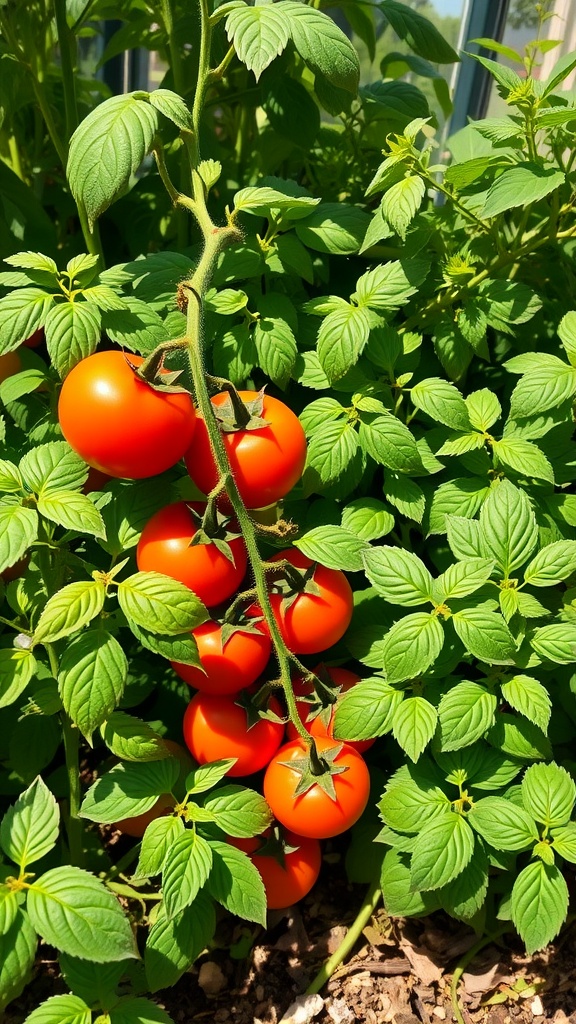 Tomatoes growing on a vine with basil plants in the background