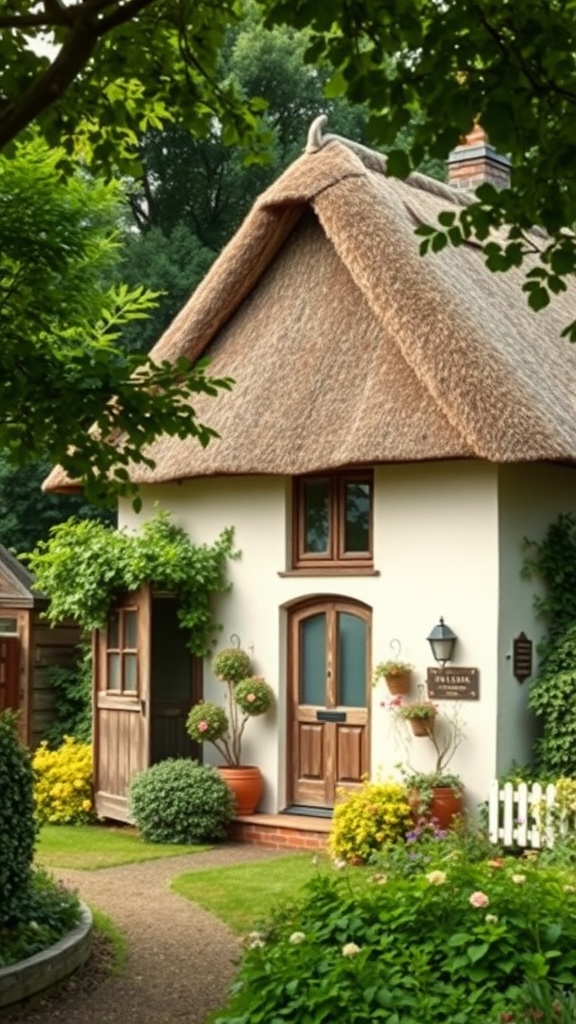 17 Cozy Cottage Exterior Ideas For Inviting Curb Appeal 22 A charming cottage with a thatched roof surrounded by greenery and flowers.