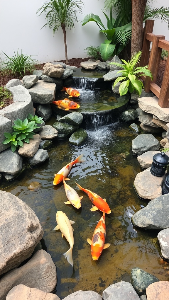 A peaceful backyard pond with koi fish, surrounded by stones and greenery
