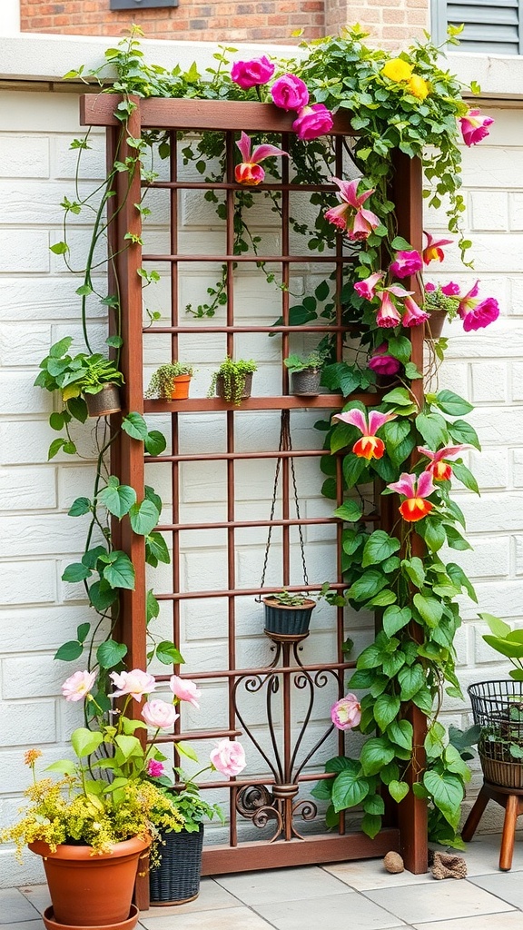 A wooden trellis covered in vibrant climbing plants and flowers.