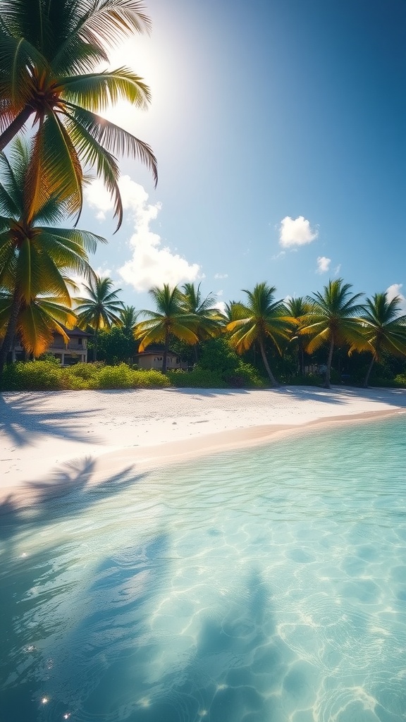 Tropical beach with palm trees and clear blue water in the Caribbean.