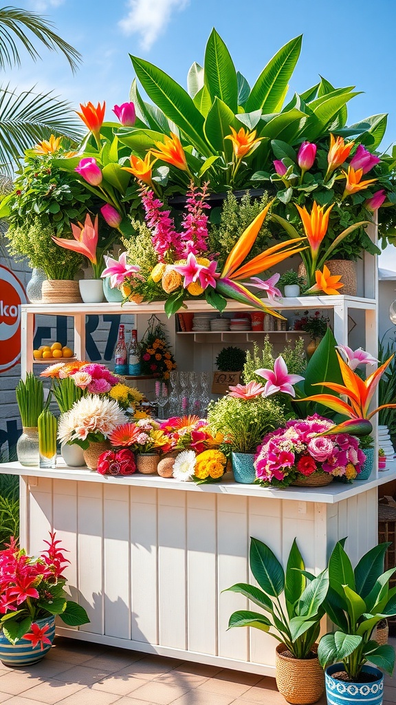 A vibrant flower bar featuring tropical flowers and lush greenery.