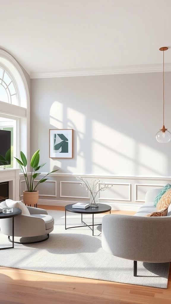 A stylish living room showcasing two-tone wainscoting design with modern furniture.