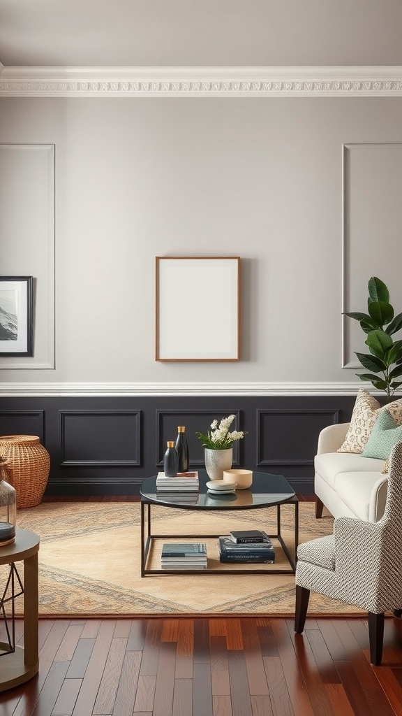 Stylish two-tone wainscoting in a cozy living room setting.