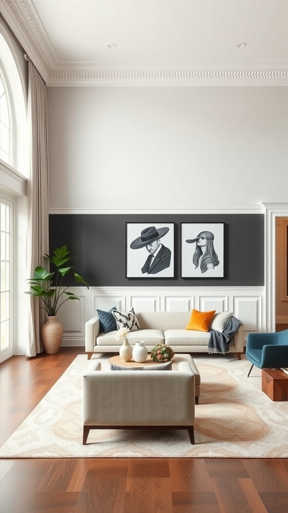 A stylish living room featuring two-tone wainscoting with a light upper section and dark lower section, complemented by modern furniture and artwork.