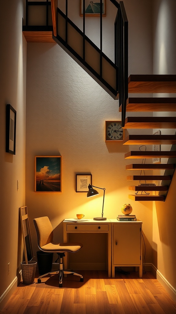 Cozy under-stair workspace with a small desk and chair, illuminated warmly.