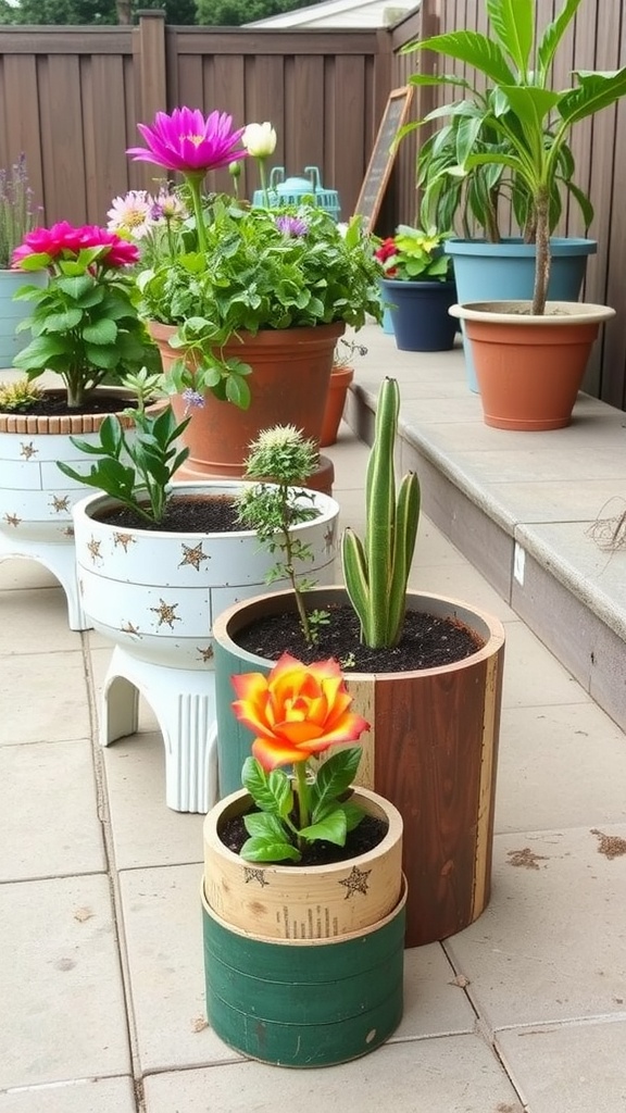 A collection of upcycled garden planters in various shapes and colors, each filled with flowers.