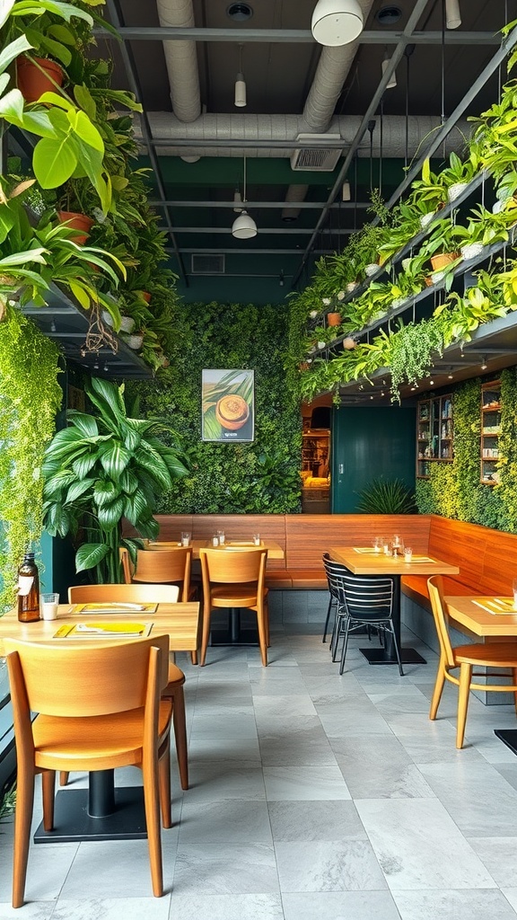 Restaurant interior featuring lush greenery with plants and wooden furniture.